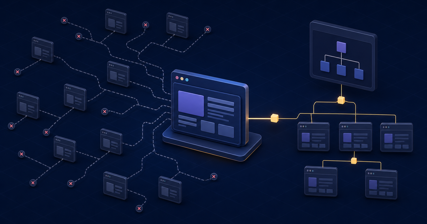 Illustration of disconnected page variants and a consolidated website structure